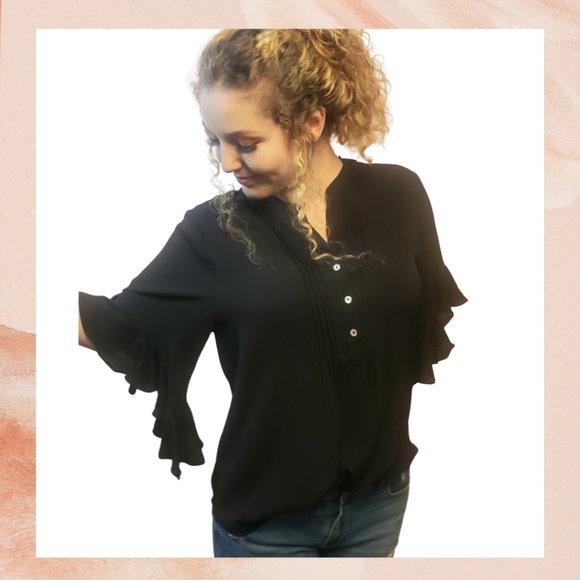 Taylor & Cambria Tops - NWOT Black Half Flutter Bell Sleeve V-Neck Button Blouse